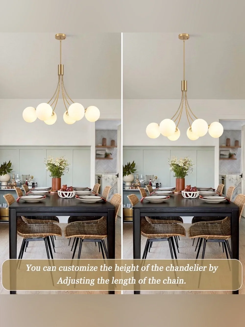 32” Gold Sputnik Chandelier 6-Light Milk Glass Mid-Century Ceiling Light
